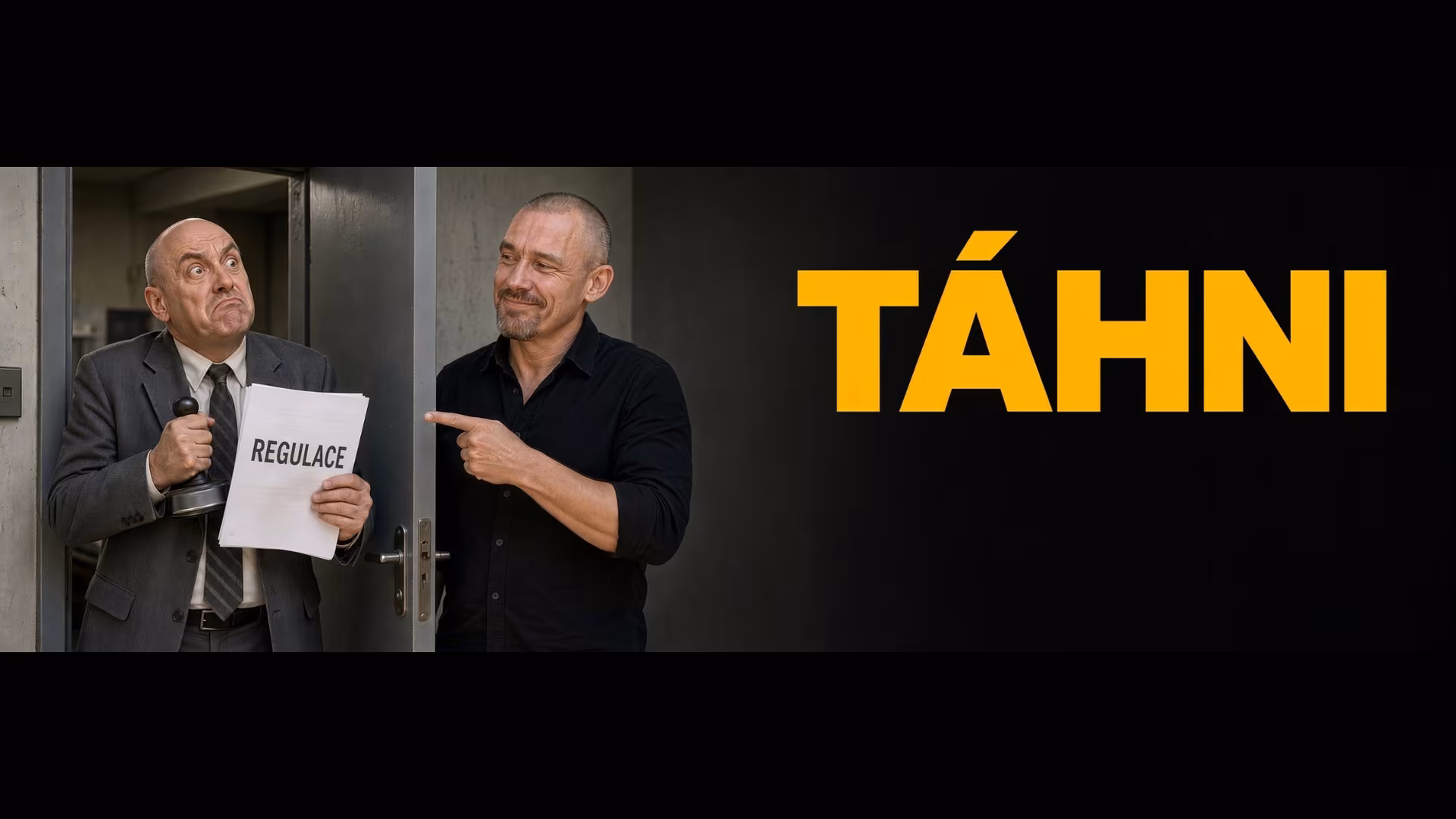 Tomáš Roud ukazuje úředníkovi s razítkem a papíry s nápisem Regulace cestu ze dveří, vedle velký nápis TÁHNI